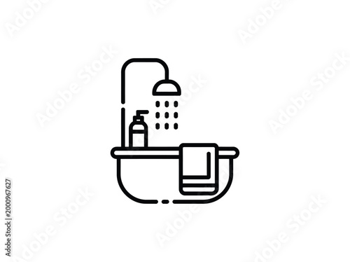 Line style illustration of a bathtub with shower and towel and bottle on shelf  bathroom icon