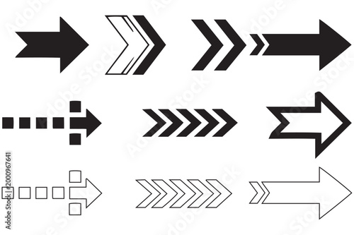 Collection of black and white arrows diverse styles and directions