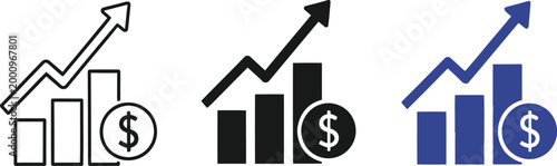 Financial growth and progress three rising bar graphs with dollar signs