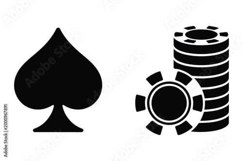 Spade playing card symbol and stack of poker chips, black and white vector