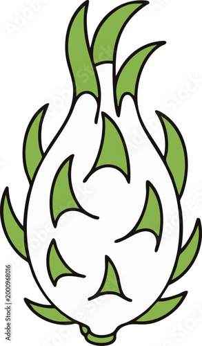 Outline Dragon Fruit With Green Leafy Details pitaya