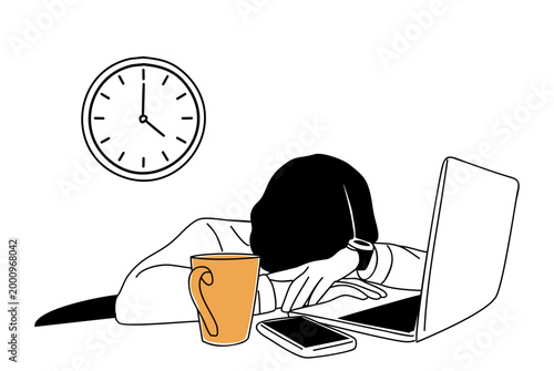 Tired worker rests head on keyboard. Clock shows late hour, stress evident. Cup of tea beside phone and laptop. Simple line art style conveys fatigue. Perfect for work-life balance themes