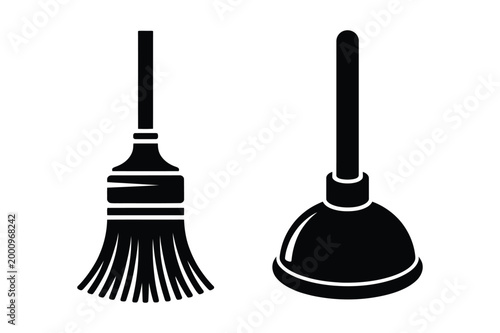 Black silhouette vector illustration of broom and plunger with cleaning