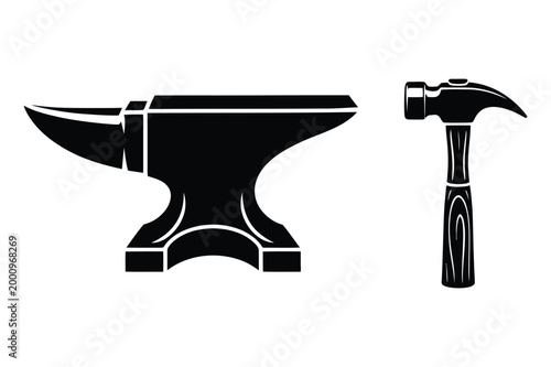 Black silhouette vector illustration of anvil and hammer with blacksmith