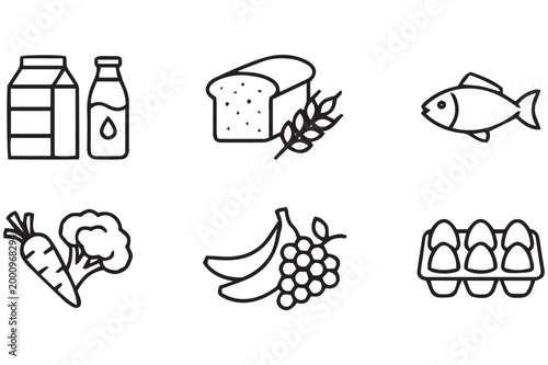 Essential food group icons milk bread fish vegetables fruits and eggs