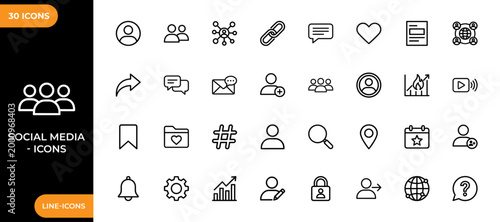 Social media line icon set. Collection of high-quality line icons of account, like, comment, share, notification and world connection symbols. Vector illustration.