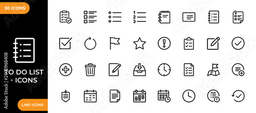 To do list line icon set. Collection of high-quality line icons of checklist, calendar, notebook, notes, priority flags and time management elements. Vector illustration.
