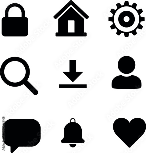 Modern Solid UI Icon Pack – Minimal Glyph Vector Set of 9 Essential Interface Icons