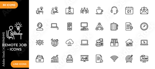 Remote job line icon set. Collection of high-quality line icons of people working on laptops, video calls, collaboration, and office supplies. Vector illustration.