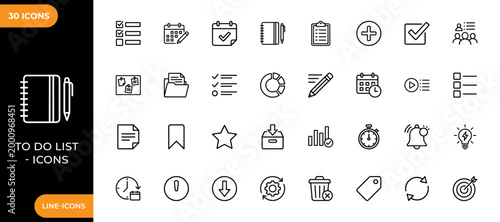 To do list line icon set. Collection of high-quality line icons of planning, organization, and task management, checklists, calendars, notes, charts, and deadlines. Vector illustration.