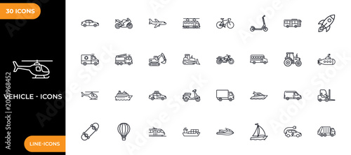 Vehicle line icon set. Collection of high-quality line icons of cars, bikes, planes, trains, buses, boats, and trucks. Vector illustration.