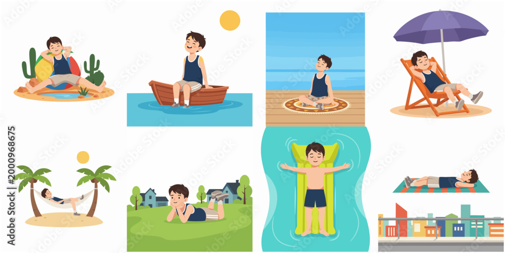 Fototapeta premium Cartoon Boy Relaxing in Various Summer Vacation Scenes Vector Illustration Set