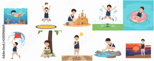 Vector illustration set of a young boy character enjoying various summer activities and beach vacations