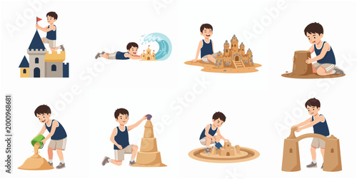 Set of cute boy characters building various sandcastles on the beach, summer vacation fun activities vector illustration