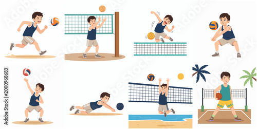 Set of cartoon boy character playing volleyball in various poses, kids sports illustration collection