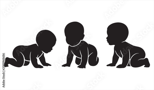 Minimal black baby silhouettes crawling set representing infant development stages isolated on white