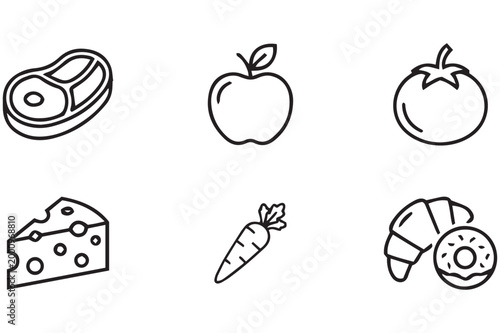 Line art food icons bread apple tomato cheese carrot and pastries