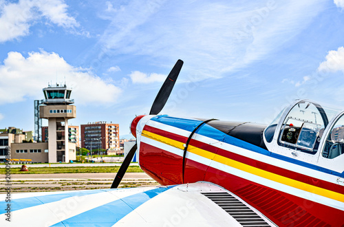 Close-up of the propeller of an old airplane engine