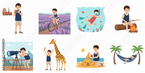 Little Boy Character Summer Vacation and Travel Activities Collection Vector Illustration