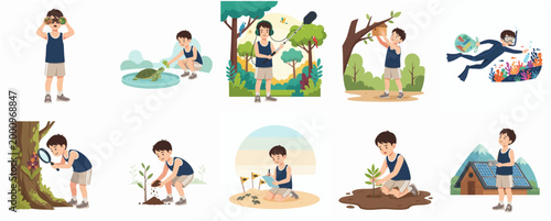 Collection of vector illustrations featuring a young boy engaged in environmental conservation, wildlife protection, and scientific research activities.