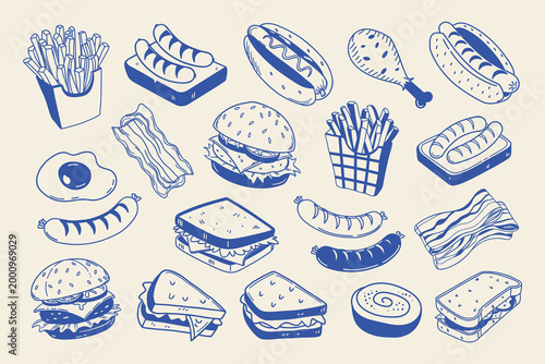 Hand Drawn Fast Food Line Art Elements Collection