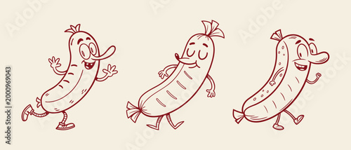 Cute funny sausage characters set. Walking and running poses. Illustration. 