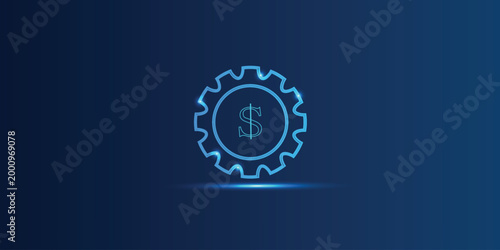 Futuristic fintech icon with dollar sign in gear and glowing network circle on dark blue background, digital finance, banking and investment technology concept