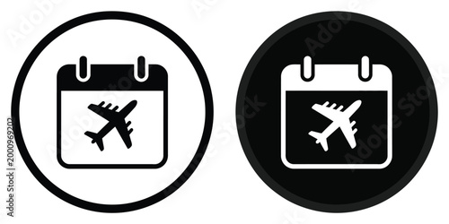 Travel calendar icon set, airplane symbol inside calendar with outline and solid styles in circular frames for booking and trip planning vector design.
