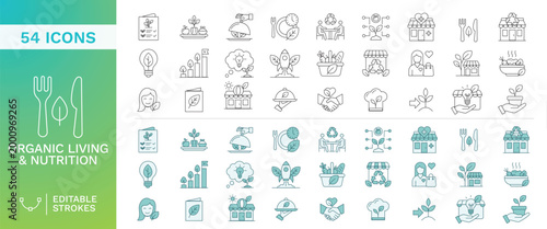Organic Living and Sustainable Nutrition Outline Icons Set featuring Healthy Eating, Green Grocery, Eco-Friendly Habits, and Plant Based Diet Editable Stroke Vector Collection