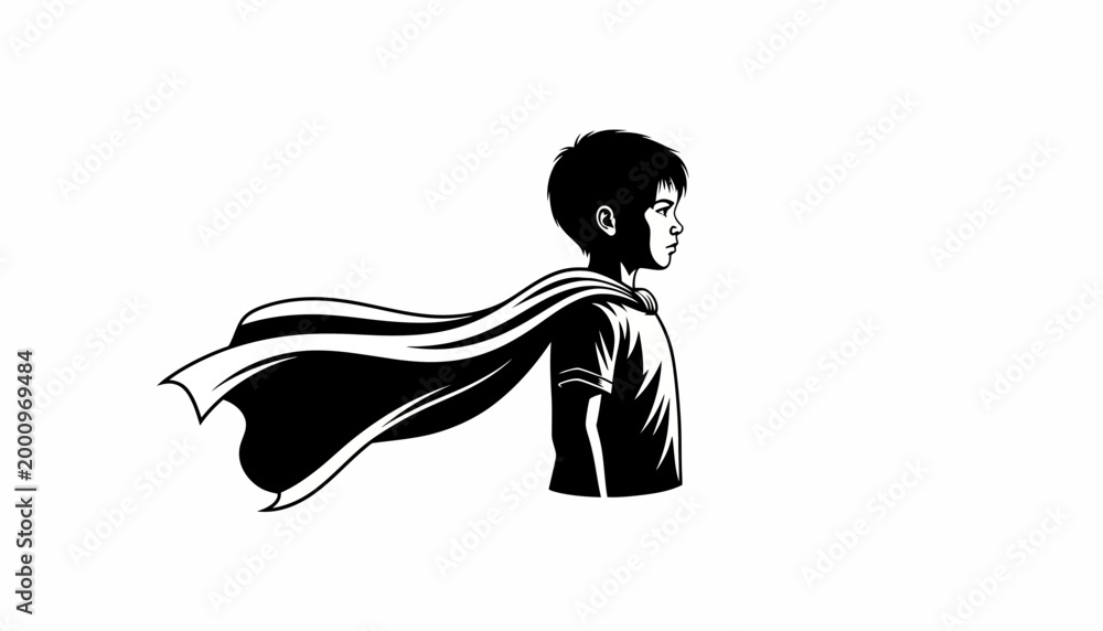 Obraz premium A young boy standing wearing a superhero cape illustration.