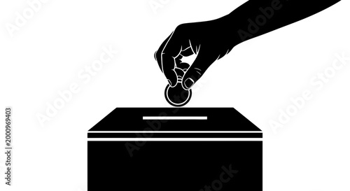 Black silhouette of a hand inserting a coin into a ballot or donation box.