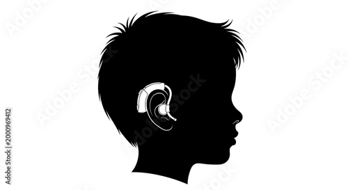 Silhouette of a child profile wearing a hearing aid device.