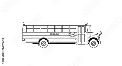 Black and white line art illustration of a classic school bus side view.