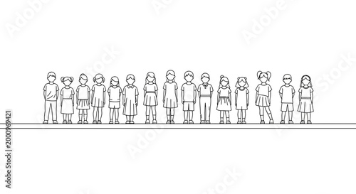 Line art illustration of a diverse group of children standing in a row.