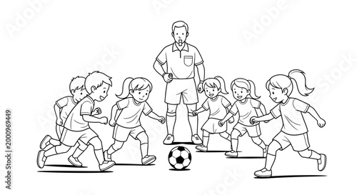 Group of young children playing soccer with a referee in a sketch style.