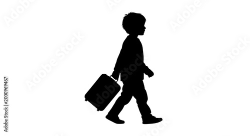 Black silhouette of a young child walking and pulling a small suitcase.
