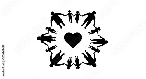 Group of people holding hands in a circle with a heart symbol.
