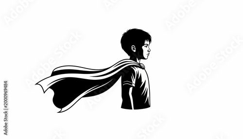 A young boy standing wearing a superhero cape illustration.