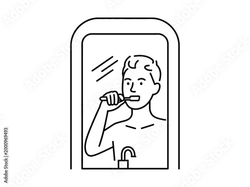 Man brushing teeth in bathroom mirror with toothbrush  morning routine