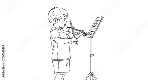 Young boy playing violin with sheet music on a stand.