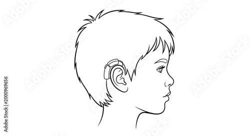 Black and white line drawing of a young boy wearing a hearing aid.