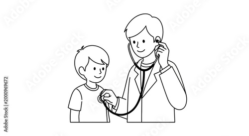 A male doctor performing a routine medical checkup on a young boy using a stethoscope.