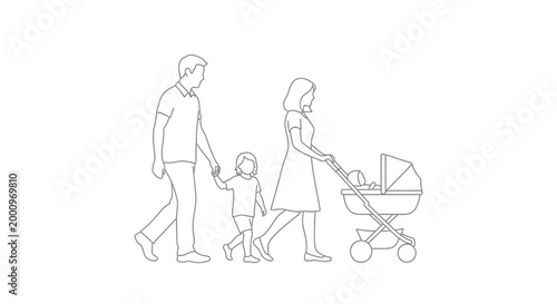 A young family of four walking together outdoors in a simple line art illustration.
