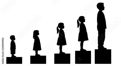 Silhouette of children of different heights standing on ascending boxes.