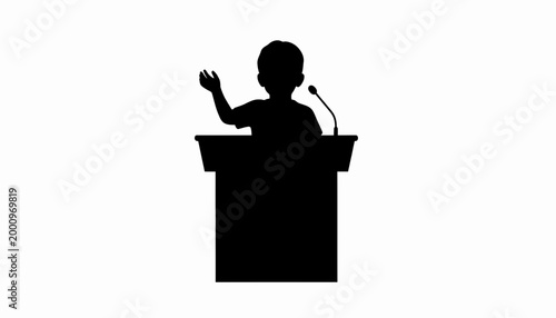 Silhouette of a young child giving a presentation at a podium.
