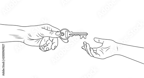 One hand giving a house key to another hand sketch illustration.