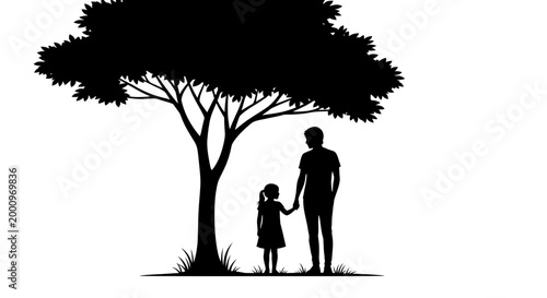 Silhouette of a father and daughter standing under a large tree.