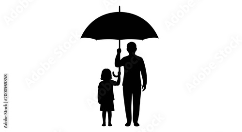 Silhouette of a father holding an umbrella for his young daughter.