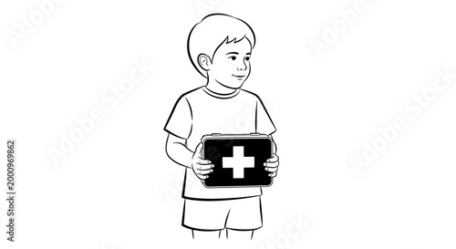 A young boy holding a medical first aid kit illustration.