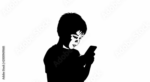 Silhouette of a young child looking at a smartphone screen.